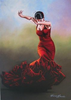 a painting of a woman in a red dress with her arms stretched out to the side