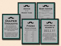 four baby shower game cards with mustaches on the front and back, one for each child