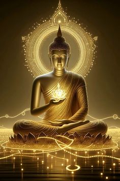 a buddha statue sitting in the middle of a body of water with lights around it