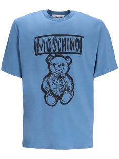 blue/black cotton logo print at the chest teddy bear graphic print round neck short sleeves straight hem Blue Crew Neck T-shirt With Logo Detail, Casual Blue T-shirt With Logo Detail, Blue Short Sleeve Tops With Logo Detail, Blue Short Sleeve Top With Logo Detail, Blue Short Sleeve T-shirt With Logo, Blue Relaxed Fit T-shirt With Logo, Blue Logo T-shirt For Streetwear, Moschino Teddy Bear Logo, Teddy Bear Graphic