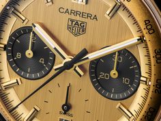 In the 1960s, the first glass box TAG Heuer Carrera was born. In this version of the mythical watch, the 18K 3N solid gold construction of the case and dial adds a luxurious edge to this iconic racer. Tag Heuer Carrera Chronograph, Heuer Carrera, Tag Heuer Carrera, Glass Box, Gold Pin, Glass Boxes, Gift Finder, Gold Case, Tag Heuer