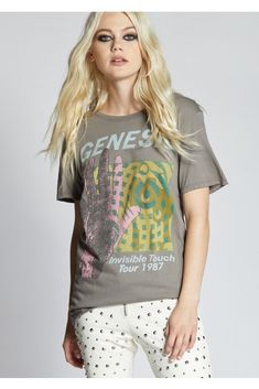 Get this one-of-a-kind Genesis tee featuring the 1987 "Invisible Touch" Tour graphic. Made from exceptionally soft cotton with an oversized fit, a ribbed crew neck, and vintage-distressed edges. The design features front and back authentic graphics from the 1987 Genesis tour. 100% Cotton Machine Wash Cold, Tumble Dry Low Designed and Finished in Los Angeles Model is wearing size S Model Stats: Height: 5'10", Bust: 32B", Waist: 25", Hips: 34" Youre Like Really Pretty, Authentic Art, Flower Scent, Boyfriend Tee, Oversized Tee, Oversized Tshirt, S Models, Graphic Tank Top, Black Tshirt