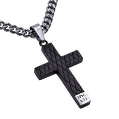 a black cross with the word phi on it is hanging from a stainless steel chain