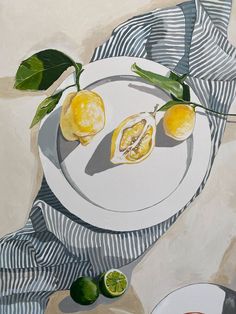 a painting of lemons on a white plate with green leaves and two oranges