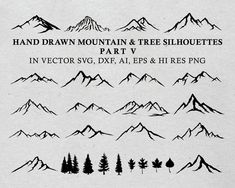 hand drawn mountain and tree silhouettes part ii in vector svg, dxf, eps