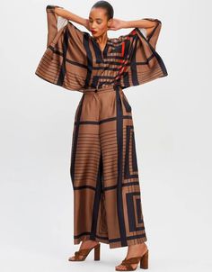 Elegant Multicolor Summer Palazzo Set, Chic Festive V-neck Sets, Elegant Gold V-neck Sets, Chic Long Sleeve Palazzo Set For Summer, Elegant Multicolor V-neck Sets, Elegant V-neck Beach Set, Elegant Maxi-length Palazzo Set For Summer, Elegant Spring Sets With Kimono Sleeves, Gold Chic Sets For Spring