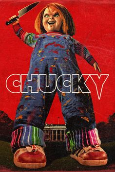 the poster for chucky is shown in front of a red background