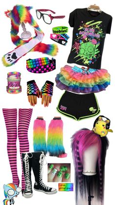 rainbow ver. because someone wanted it :3   ||   #scene #sceneoutfit #outfit #rainbow #rainbowscene #emo #rainbowemo Scene Outfits Emo, Xmas Outfits, Birthday Fits, Rainbow Outfit