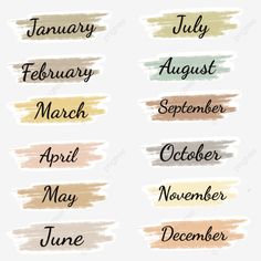 months of the year painted with watercolors on white paper, font, brush, calendar png and psd