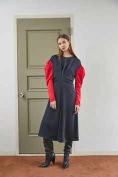 echtego Red Navy Satin Color blocking Midi Dress Shoulder Puff Sleeve, Contemporary Luxury, Satin Color, Shop Window, Polyester Dress, Dress P, Puff Sleeve, Color Blocking, High Neck Dress