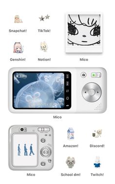 an image of a cell phone with pictures on the screen and other items surrounding it