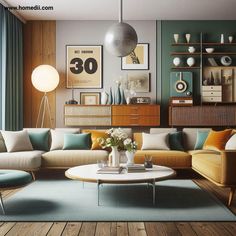 a living room filled with lots of furniture next to a wall covered in bookshelves