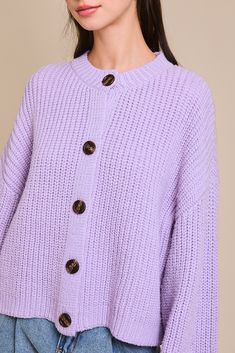 Lavender haze knit cardigan with buttons and crew neckline! Add a fun pop of color in your closet this season! MODEL IS WEARING A SIZE SMALL MODEL SPECSHEIGHT: 5'10"BUST: 32WAIST: 25"HIPS: 35" 52% ACRYLIC 28% NYLON 20% POLYESTER Casual Purple Cardigan With Buttons, Casual Purple Cardigan With Button Closure, Spring Purple Cardigan With Button Closure, Purple Button-up Sweater For Spring, Trendy Oversized Purple Cardigan, Casual Purple Button-up Sweater, Purple Cardigan For Fall Layering, Cozy Lavender Sweater For Fall, Oversized Purple Fall Cardigan