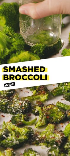 broccoli is being washed and put in a dish with the words smashed broccoli on it