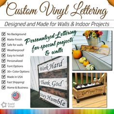 an advertisement for the custom vinyl lettering project, with pictures of pumpkins and other items