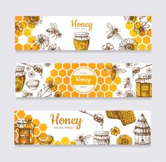 two honey banners with bees and honeycombs