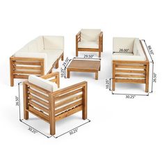 four pieces of furniture are shown with measurements for each chair and footstool set