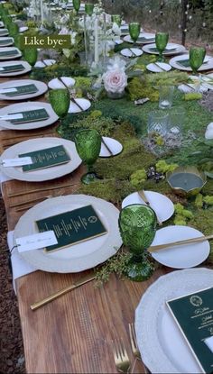 a long table set with plates and place settings for an outdoor dinner party in the woods