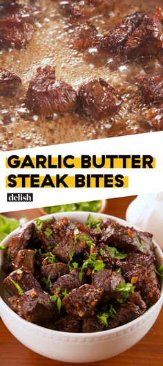 there is a bowl full of garlic butter steak bites