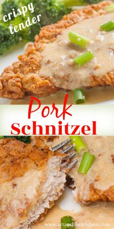 two pictures of pork schnitzel with gravy and broccoli