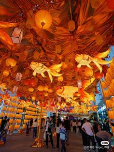 many people are walking around with lanterns hanging from the ceiling