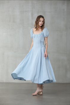 Dress Twirl, Maxi Linen Dress, Twirling Dress, Dress Puff Sleeve, Seafoam Blue, Linen Layers, Linen Fashion, Ruffled Neckline, Linen Midi Dress