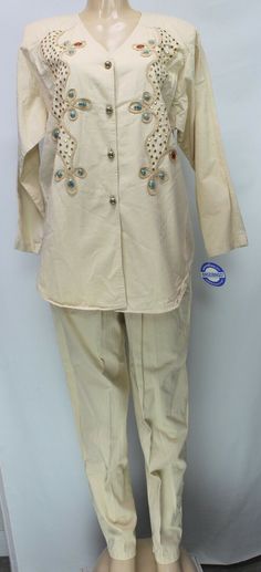 Bingo! Bingo! Women's Vintage 2PC Set Jacket & Pants Cream Size L. Pants: Size L Measurements laying flat: Waist: 15.5" Unstretched To 19'' Inseam: 29'' Rise: 14" Hips: 23'' Leg Opening: 6.5''    Jacket: Size L W/ Shoulder Pad. Armpit to armpit: 23'' Length: 31'' Customer satisfaction is my goal. For any further questions, inquiries, or assistance PLEASE feel free to contact me. I will resolve all problems and make sure you are satisfied! All reasonable offers will be considered! Thanks for Look Fitted Pant Set With Pockets For Spring, Spring Cotton Pant Set With Pockets, Casual Beige Pant Set For Spring, Beige Sets With Pockets For Spring, Beige Spring Sets With Pockets, Casual Fall Sets With Buttons, Pants Cream, Bingo, Shoulder Pads