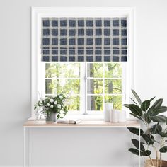 a window with a blue and white checkered roman blind next to a potted plant