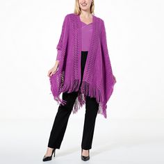 Antthony Fringe Sweater Topper  Made from a soft acrylic sweater knit yarn, Antthony's stunning ruana wrap provides seasonless beauty and lightweight warmth for day or evening. The open crochet detail gives it a unique boho style that complements everything from jeans to dress pants to dresses. Knit Shawl For Fall, Fall Knit Shawl One Size, Knit Shawl For Fall, One Size, One Size Knit Shawl For Fall, Winter Open Knit Poncho, Winter Shawl Knit Cardigan, One Size Acrylic Yarn Poncho For Fall, Knitted Shawl Wrap For Fall, One Size Knit Shawl Cardigan