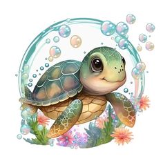 a green sea turtle swimming in the ocean with bubbles and flowers around it's neck