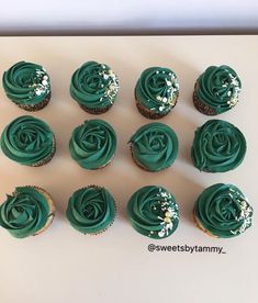 twelve cupcakes with green frosting and sprinkles on top are arranged in rows