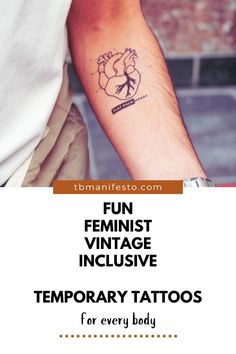 a person with a tattoo on their arm and the words fun femininee inclusive temporary tattoos for every body