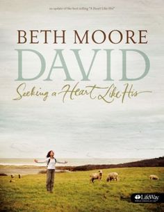 a woman standing in the middle of a field with sheep behind her and text that reads, beth moore david seeking a heart like life