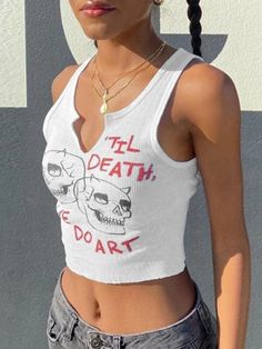 ⚡Buy 2023 Skull Ribbed Cropped Tank Top White L under $11.00 in Tops&Tees at AnotherChill.com Online. Style: Casual, Street, Y2K, Vintage, Punk, Hip Pop. Fabric Content: Acrylic Blend. Fit Type: Regular Fit. Neckline: Crew Neck. Sleeve Length: Long Sleeve. : Elevate your wardrobe with this trendy knit top. Crafted from a cozy acrylic blend, it boasts a fitted silhouette. The front showcases an edgy alien skull jacquard design, while a single cuff adds a striking contrast. Perfect for stylish tra Crop Top Camisole, White Tank Top Women, Y2k Tank Top, Y2k Tank, Harajuku Streetwear, Y2k Clothing, Cropped Tops, Vest Fashion, Print Crop Tops