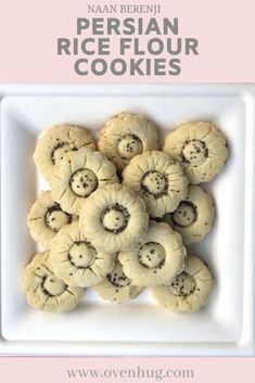 some cookies are on a white plate with the words persian rice flour cookies above it