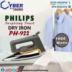 an advertisement for a dry iron on a table