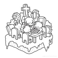 a black and white drawing of some people sitting at a table with crosses on it