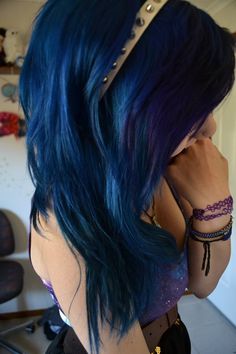 could do without the purple shading in the front, by I love the combination of the dark blue hair and that studded white headband Funky Hair Colors, Hair Change, Dark Blue Hair, Bridget Bardot, Snakebites, Amazing Hairstyles, Colourful Hair, Awesome Hair