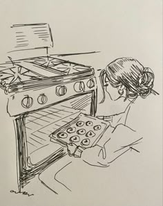 a drawing of a woman looking at an oven with muffins in the oven