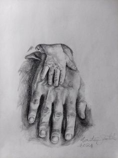 a pencil drawing of two hands holding each other's hand, with the word love written