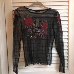 Black See Through Long Sleeve With Floral Pattern. Perfect Condition, Never Been Worn. Black Tops With Floral Embroidery For Night Out, Black Top With Floral Embroidery For Night Out, Trendy Black Tops With Floral Embroidery, Black Blouse With Floral Embroidery For Night Out, Black Floral Shirt, Tops Black, Floral Shirt, Shirt Color, Black Floral