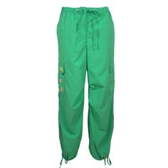 Eyecatching super comfy green cargo pants!   Designed in super-relaxed shape cargo pants featuring slip pockets to the sides, two side cargo pockets, concealed front fastening, elasticated drawstring waistband, and side grosgrain detailing  These pants make a great duo with our "White V-Neck Long Sleeve Logo T-Shirt" for extra fun! Care: Delicate wash 30 degrees Composition: 100% Nylon Green Cargo Sweatpants For Outdoor, Baggy Green Bottoms With Drawstring, Green Drawstring Bottoms For Streetwear, Green Parachute Pants With Relaxed Fit And Elastic Waistband, Green Relaxed Fit Parachute Pants With Elastic Waistband, Green Parachute Pants With Elastic Waistband, Relaxed Fit, Sporty Green Parachute Pants With Side Pockets, Sporty Green Sweatpants With Cargo Pockets, Green Sweatpants With Drawstring