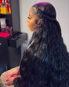 French Braids With Sew In Weave, Curly Leave Out Hairstyles, Quick Weave With Stitch Braids, Half Yo Half Down Hairstyles Weave, Leaveouts Hairstyles, Half Up Half Down Breezy Wave, Sew In Half Up Half Down Hairstyles, Half Up And Half Down Hairstyles Black, Half Up Half Down With 2 Ponytails