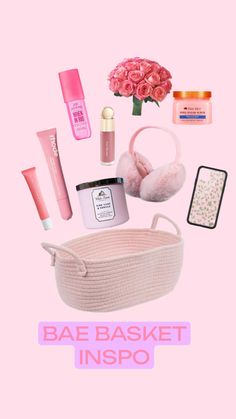 a pink background with the words bae basket inspo written on it and various items