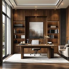 a home office with wood paneling and glass doors