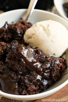 a bowl filled with chocolate cake and ice cream