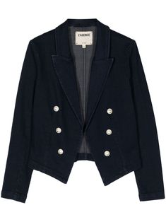 indigo blue cotton blend denim stretch-design embossed silver-tone buttons peak lapels open front long sleeves high-low hem Blazer Blue, Versace Outfit, Yoko London, City Dress, Denim Blazer, Summer Beach Wear, Indigo Blue, High Low Hem, Outerwear Jackets