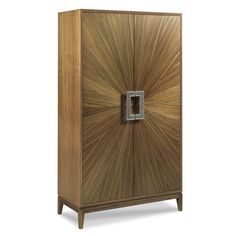 a wooden cabinet with a metal latch on the front and bottom part of it's door