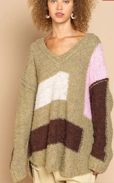 size: large Cozy Cabin In The Woods, Boho Pink, Cabin In The Woods, Pink And Brown, Pink Boho, Cozy Cabin, Boho Look, Color Block Sweater, Fitted Sweater