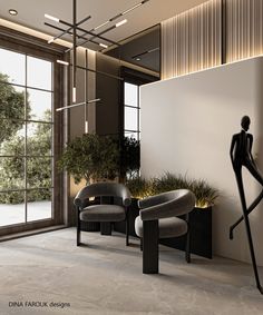 a living room filled with furniture next to a large window and potted plant in the corner